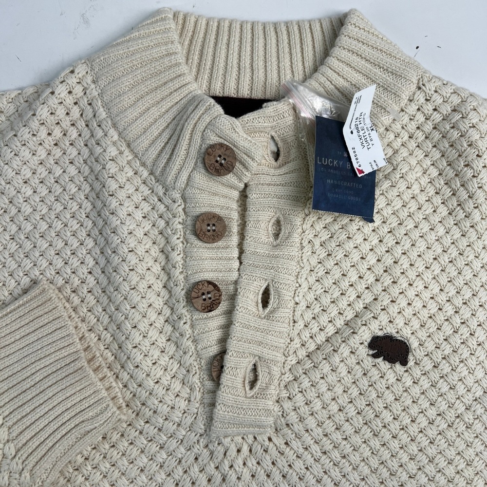Lucky Brand Mens XL Cream Textured Knit Henley Mock Neck Sweater VKXF66218 NEW